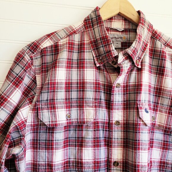 Carhartt Shirt Mens Medium Red Plaid Short Sleeve Button Down Relaxed Fit Cotton - Picture 2 of 7